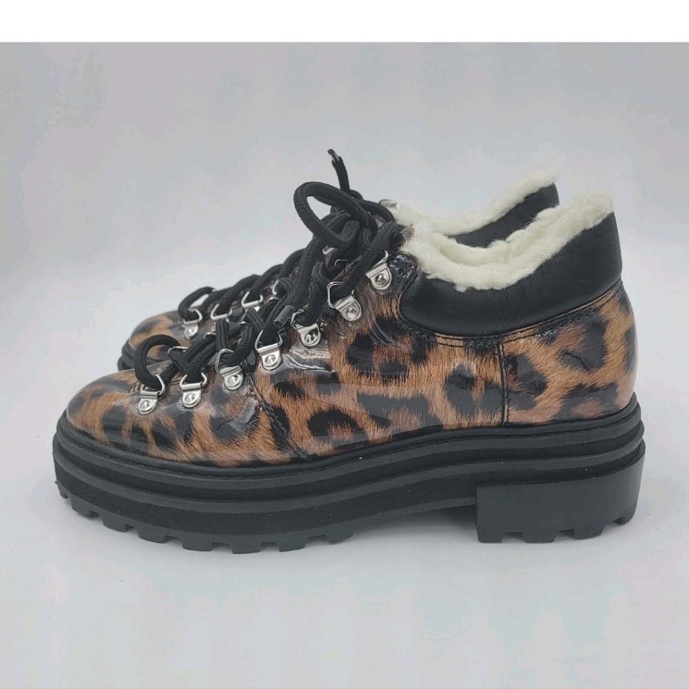 Schutz Lucille Leopard Patent Faux Shearling Ankle Boots 7B Lug Sole Block Heel - Picture 3 of 11